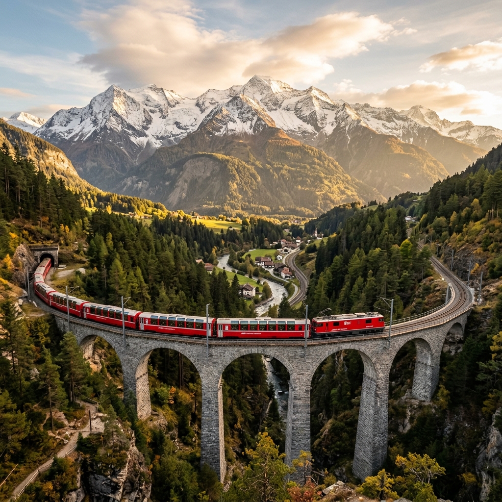 Bernina Red Train on alpine viaduct