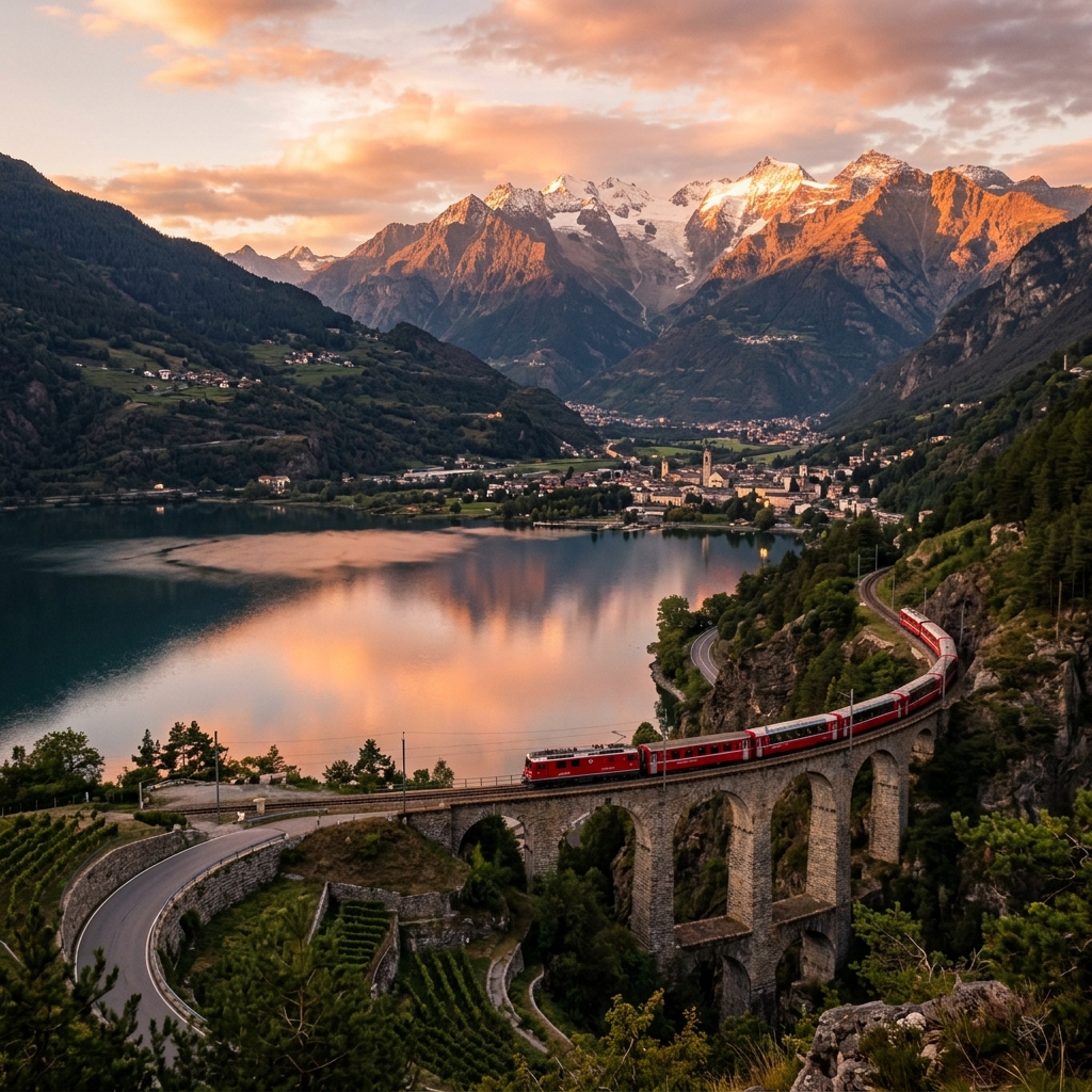 Red Bernina train near Lake Como and Tirano at sunset