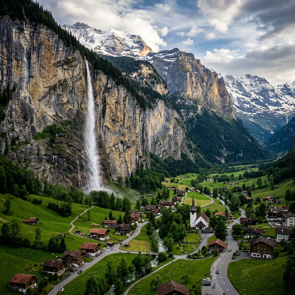 Lauterbrunnen Valley with Staubbach Falls cascading down sheer limestone cliffs in the Swiss Alps