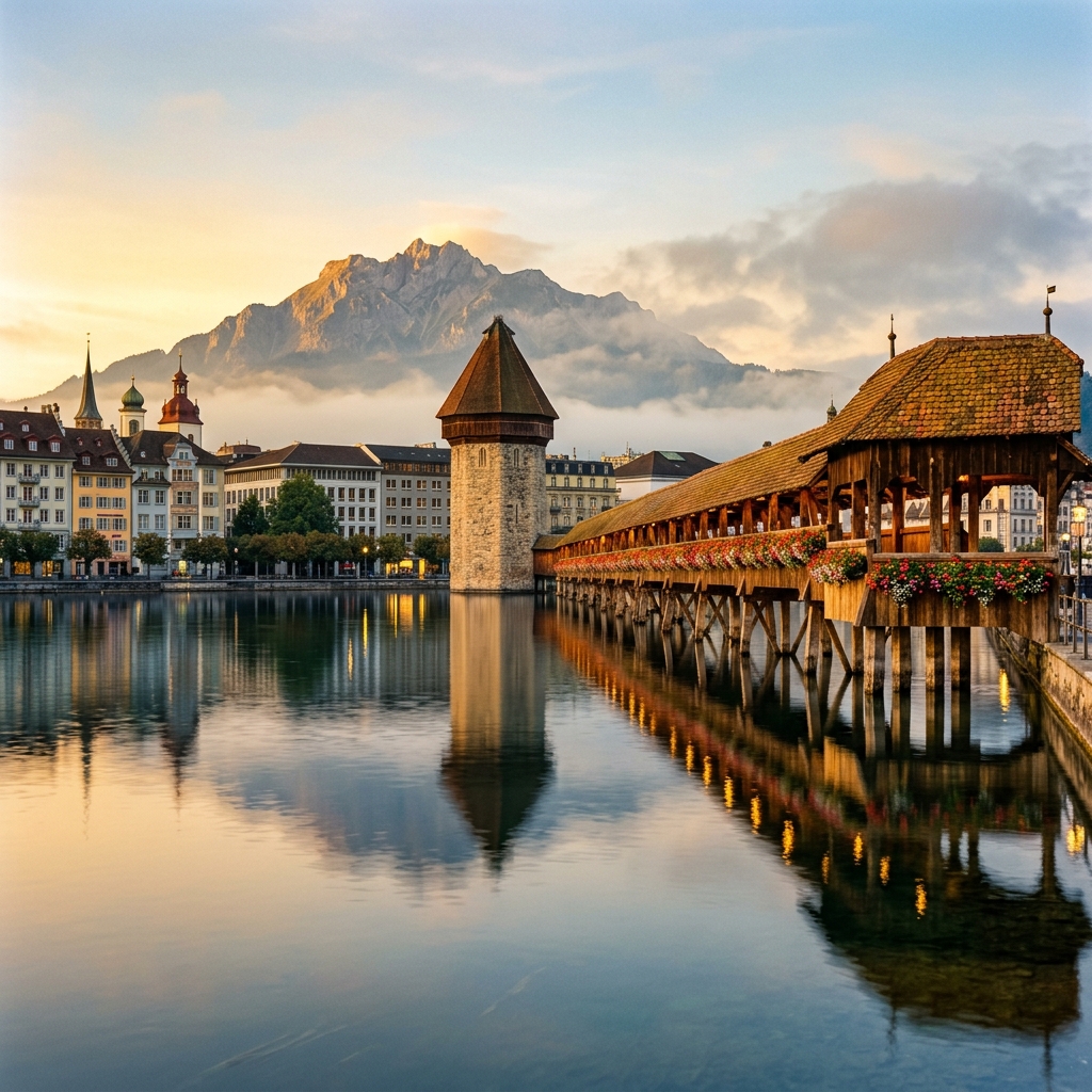Lucerne Chapel Bridge Kapellbrücke at sunrise with Mount Pilatus
