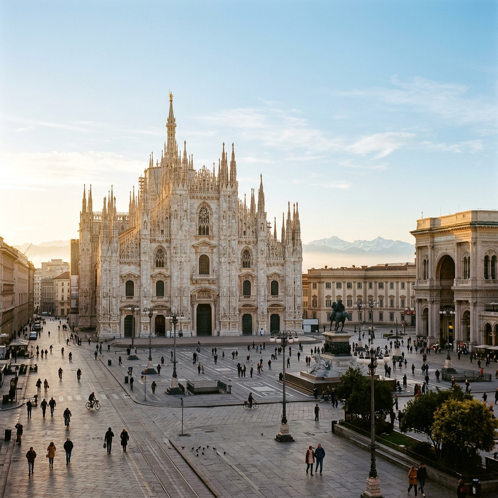Milan Duomo cathedral with Alps visible in the distance