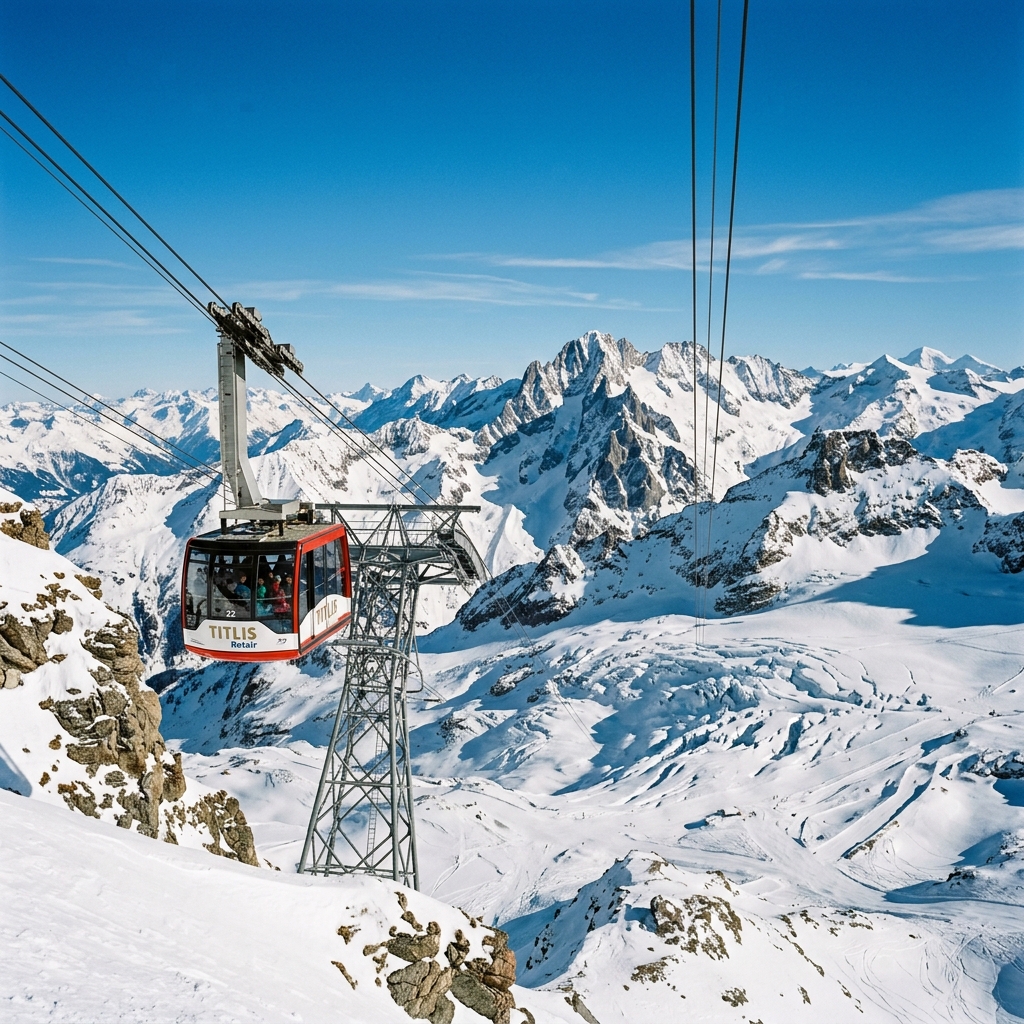 Mount Titlis summit at 3,020 metres with the Rotair revolving cable car and icy glacier panorama
