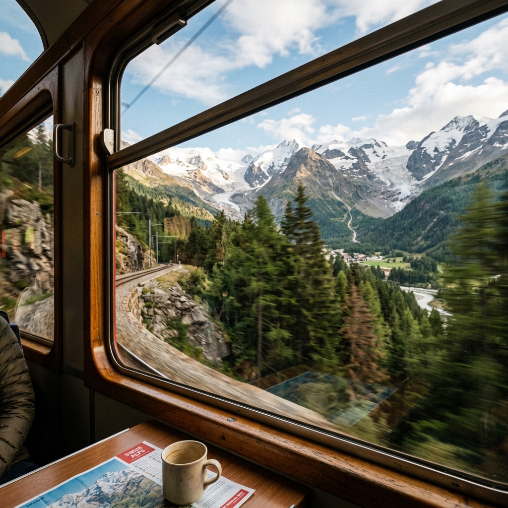 View from scenic train window in Alps