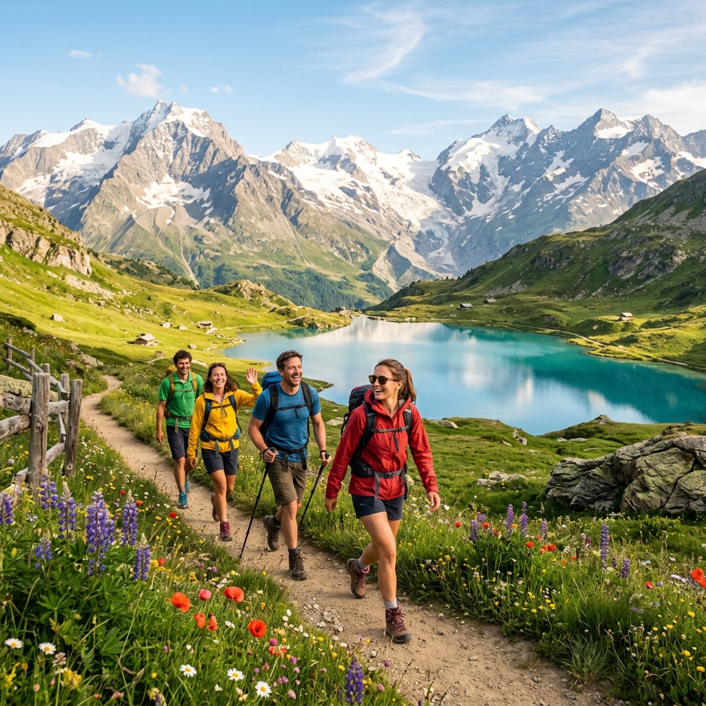 Swiss Alps in summer with hikers