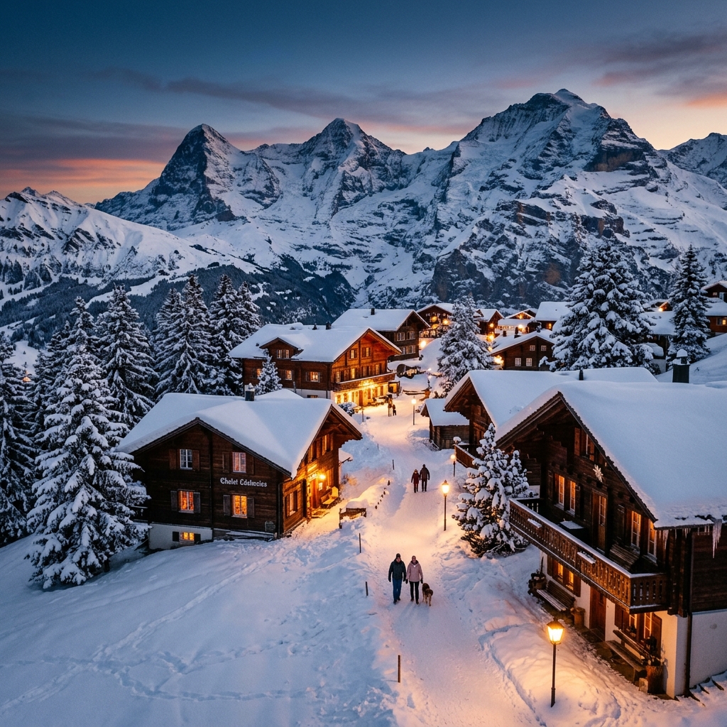 Swiss Alps in winter, snow-covered chalets at dusk