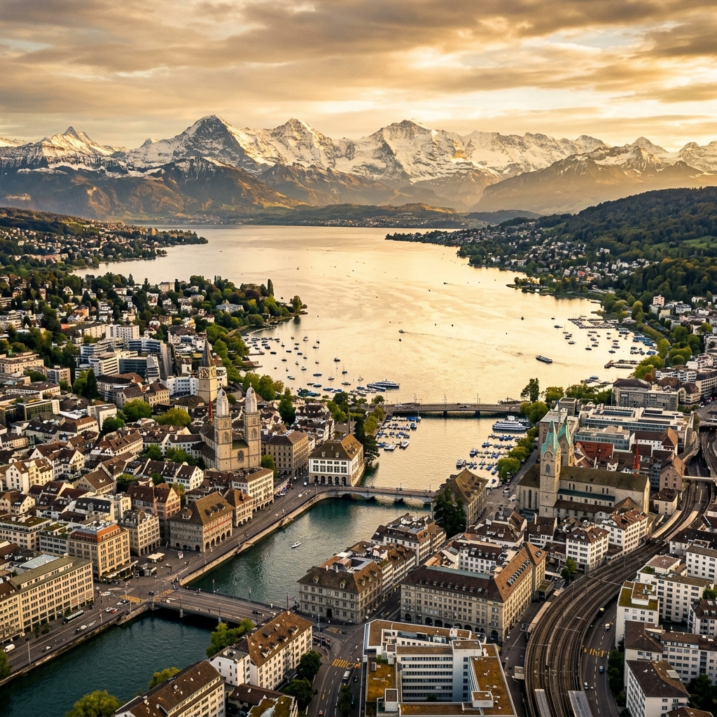 Zurich city skyline with Swiss Alps in the background
